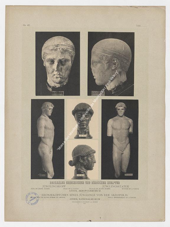 Deux têtes de kouroi et une statue de kouros